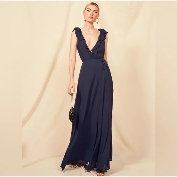 Reformation Peppermint Navy Blue Wrap Maxi Dress Medium - Picture 2 of 6